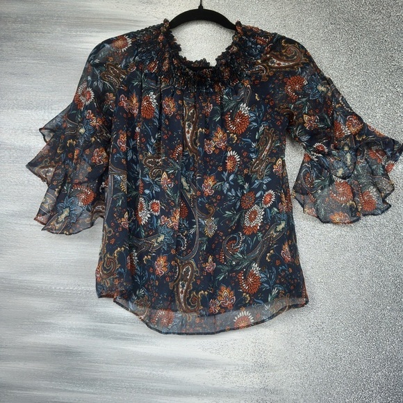 1. State Tops - 1. State Orange Bell Sleeve Blouse with Ruffled Mandarin Collar